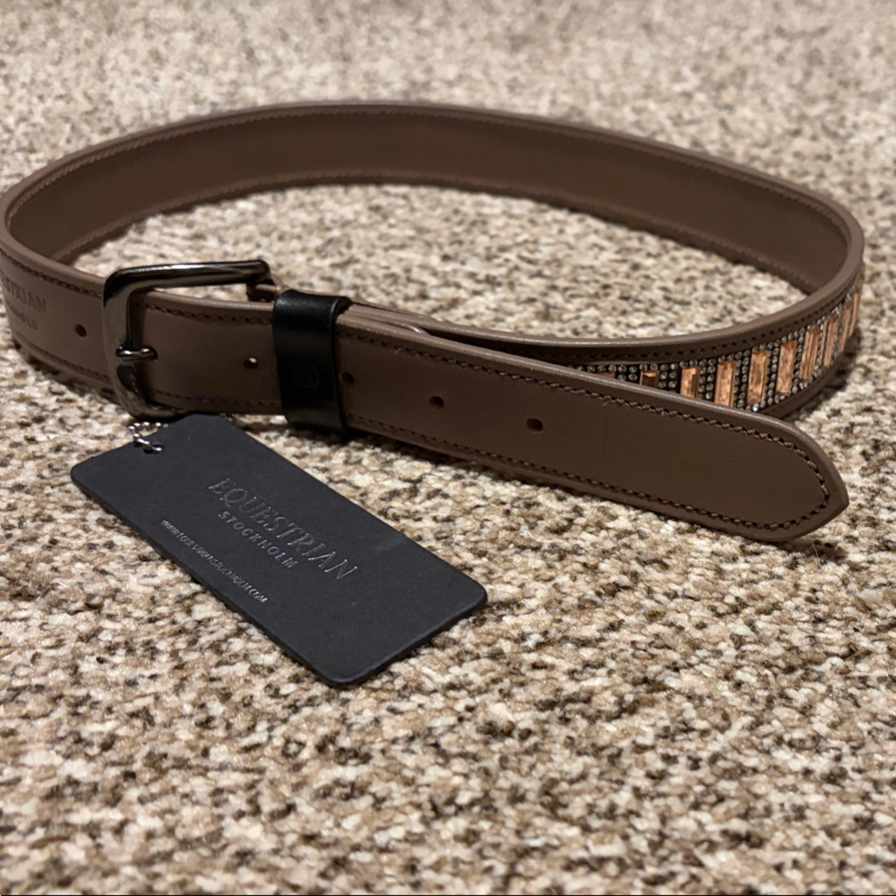 NEW Equestrian Stockholm Jeweled Brown Leather Belt NWT Anemone Pink Size 70cm